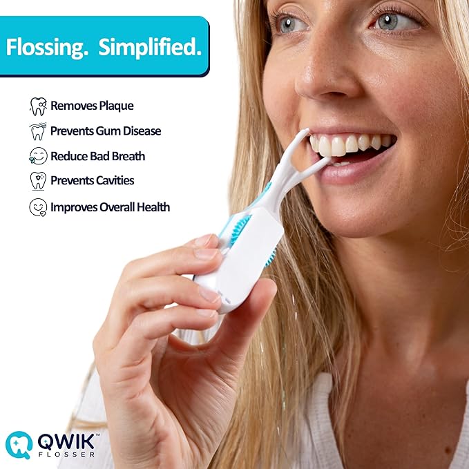 QWIK Automatic Dental Flosser | Click-to-Use, Reusable & Refillable | Pre-Loaded Floss with Travel Cover | Easy Flossing for Plaque Removal, Clean Teeth & Fresh Breath (Light Blue)