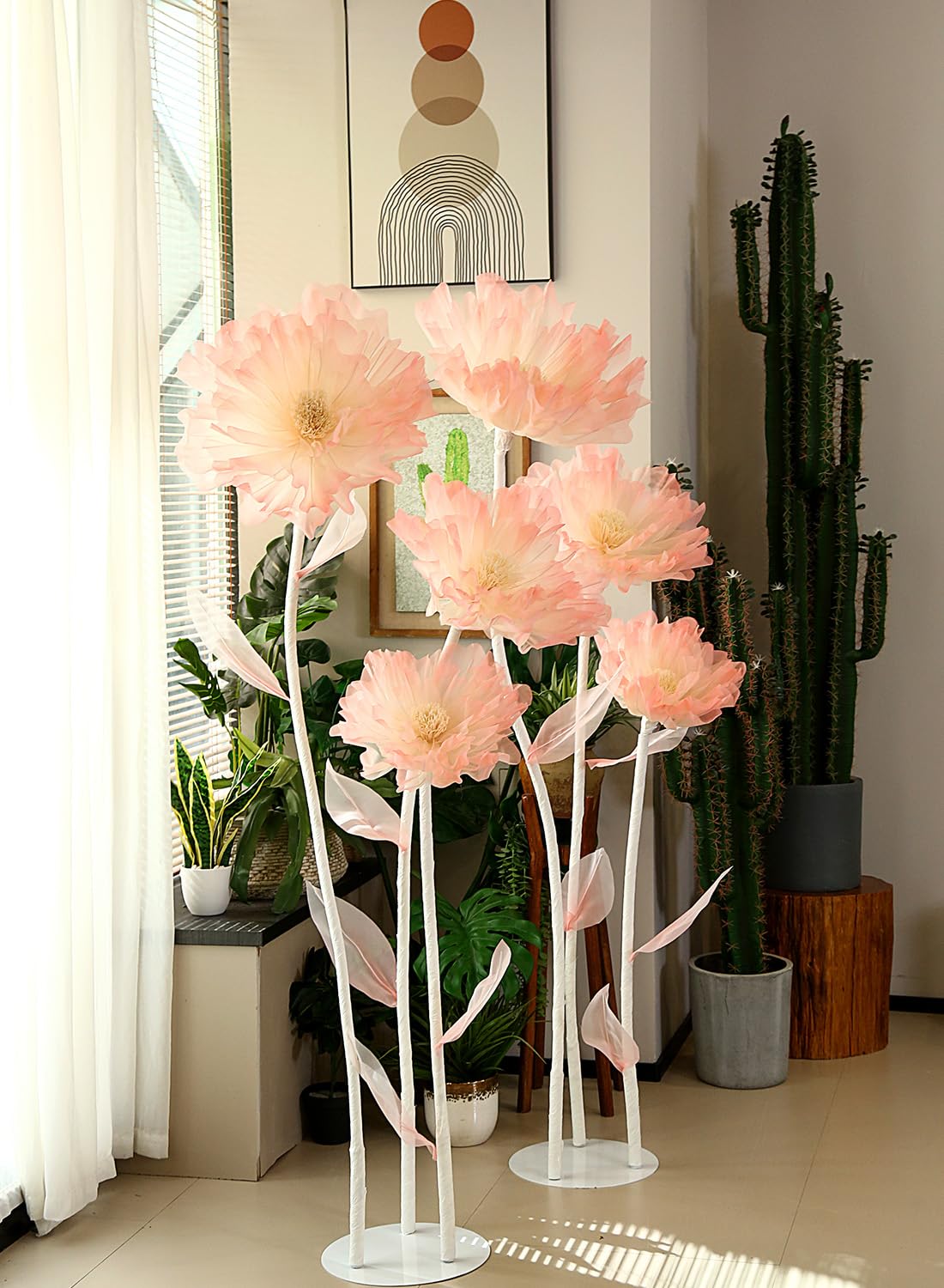 KEY SPRING Giant Artificial Organza Flower On Base – Large Pink Faux Flower with Standing Stems and Base for Wedding, Valentine's Day, Party, Shop Window Display, Outdoor Yard Event Backdrop Decor