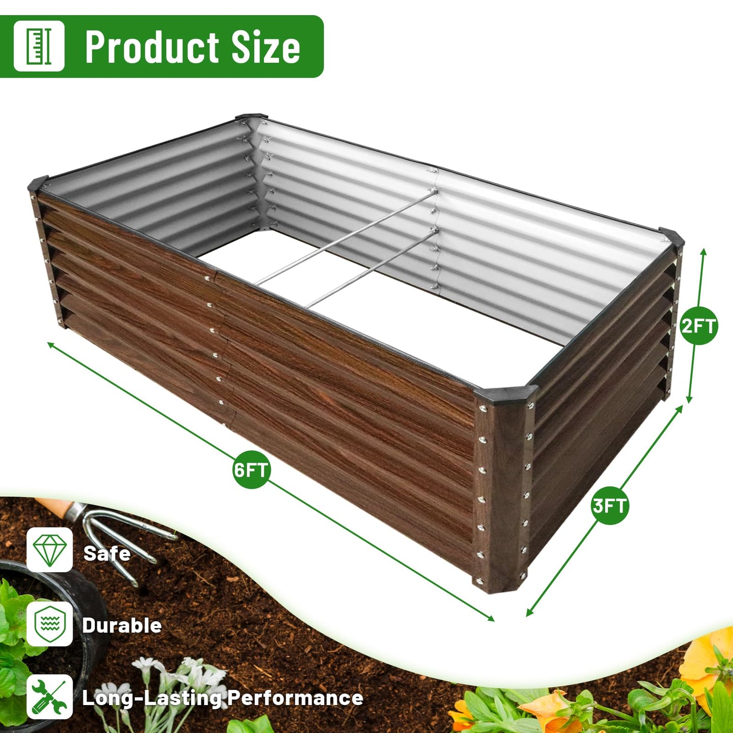 SnugNiture Galvanized Raised Garden Bed 6x3x2FT and 4x2x2FT Outdoor Large Metal Planter Box Steel Kit for Planting Vegetables, Flowers