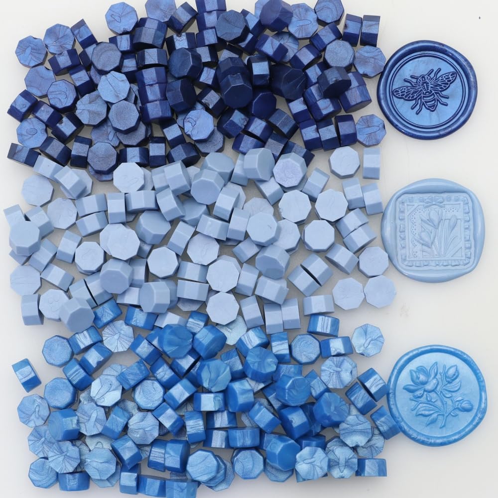 Sealing Wax Beads Kit, Atopbb 300pcs Mixed Blue Color Wax Seal Beads, 1pcs Wooden Wax Seal Warmer, 1pcs Melted Spoon and 10pcs Tea Candles for Wax Sealing Stamp Kit (300, Mixed Blue)