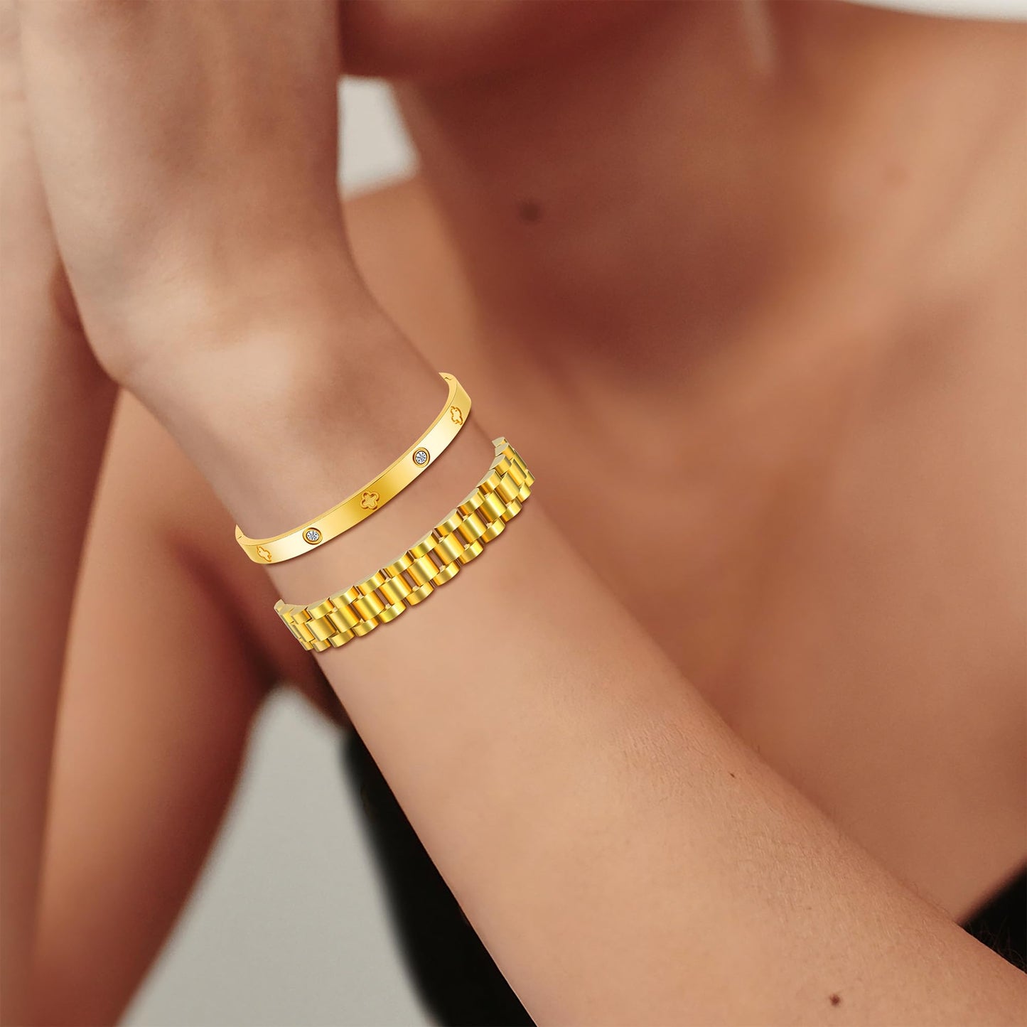 2PCS Gold Chain Link Watch Bracelet Set,18K Gold Plated Stackable Bracelets for Women,Stainless Steel Jewelry with Adjustable Tool, Non-Tarnish Friendship Love Bracelet Gift for Her. (2pcs-C Gold)