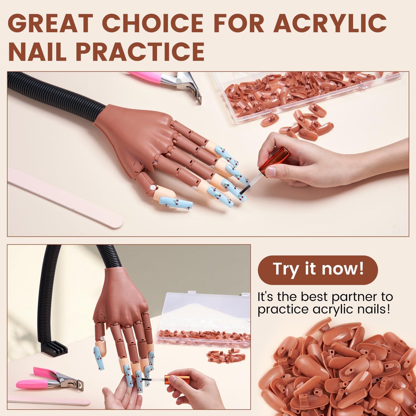 Fit for Wilfniee Magnetic Hand Only- 200PCS Replacement Nail Tips for Magnetic Practice Hand - Clear Brown Refill Acrylic Fake Nail Tips for Magnetic Nail Practice Hand