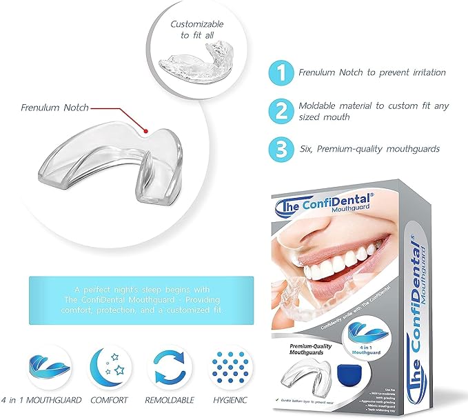 The ConfiDental Mouth Guard for Teeth Grinding & Clenching Pack of 6 Moldable Night Guards for Bruxism, Custom-Fit Protection for Comfortable Day & Night Use