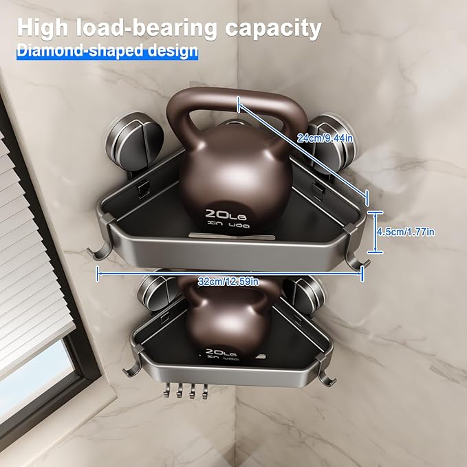Suction Cup Shower Caddy Corner, 2 Pack Suction Corner Shower Shelves No Drilling, Rustproof Shower Organizer Suction Cup with Towel Holder & Hooks Removable Bathroom Storage Rack(Gray)
