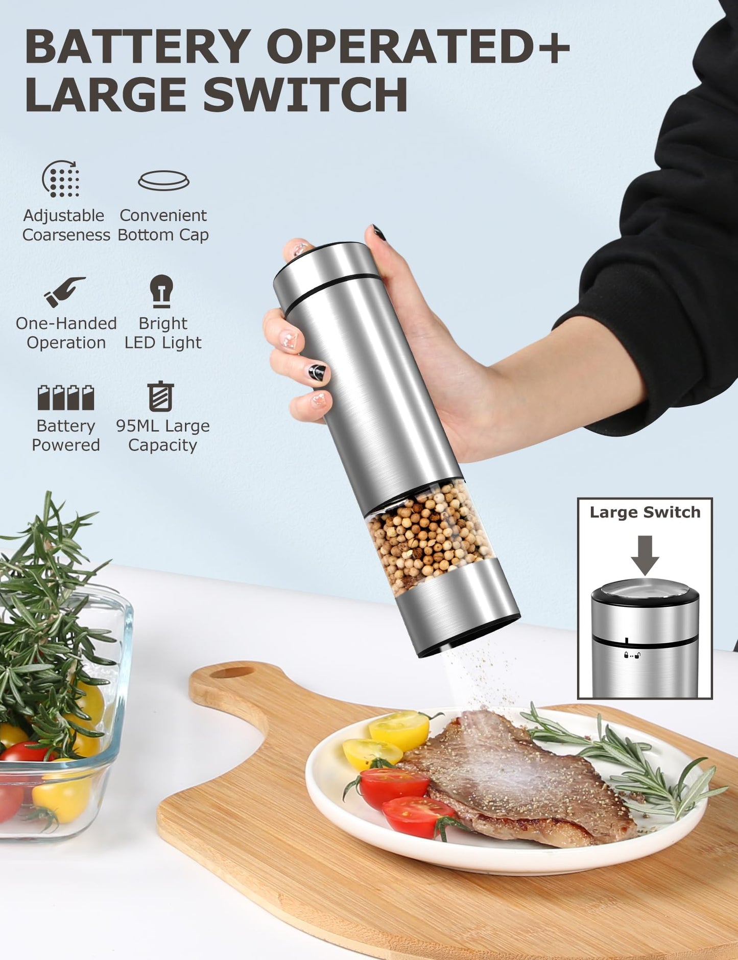 innhom Electric Salt Grinder Pepper Grinder Battery Operated Stainless Steel Pepper Mill Automatic Salt and Pepper Grinder with Adjustable Coarseness, 1 Pack