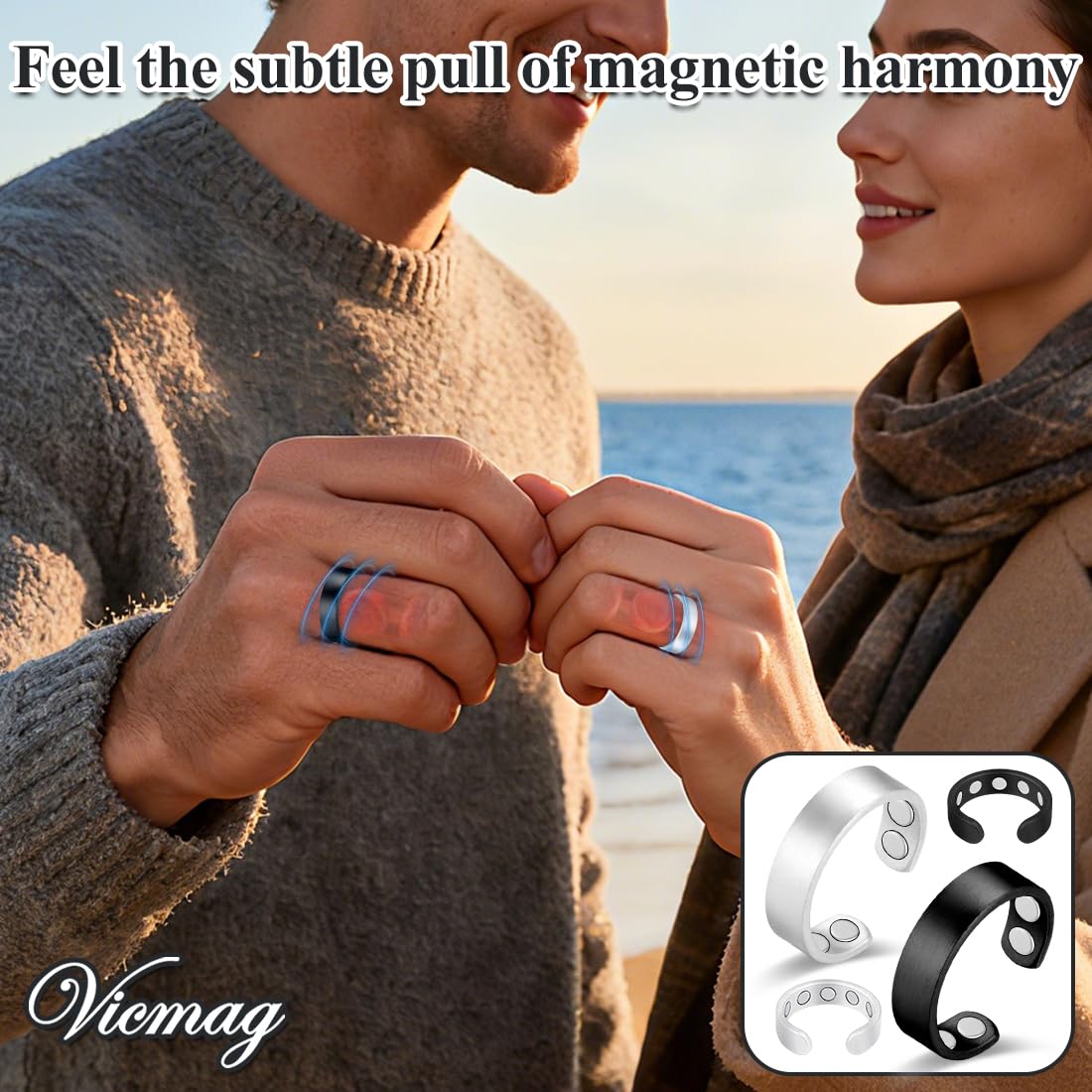 Vicmag 2PCS Magnetic Copper Rings for Women & Men,99.99% Pure Copper Ring with 9X Magnets Gift Adjustable(9X Black & Silver)