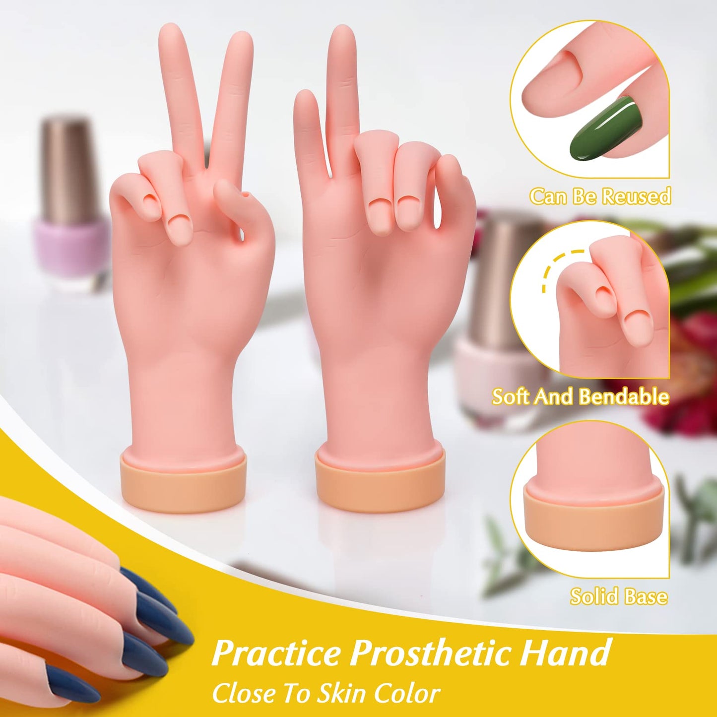 2 Pack Practice Nail Tips Art Trainer Training Hand Tool and 1 Pair Practice Fake Foot Model Flexible Soft Silicone Prosthetic Manicure Tool for Nail Tips Art Training