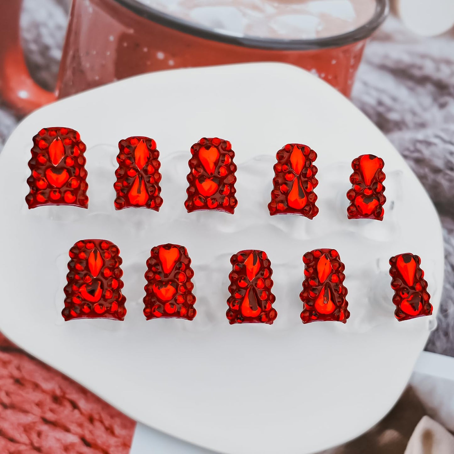 Tesytto Red Chrome Press on Nails Short Duck, Full Rhinestones Red Heart Fake Nails 3D Luxury Acrylic Duck Nails Thickened False Nails (Crimson Glimmer Enchant,M)