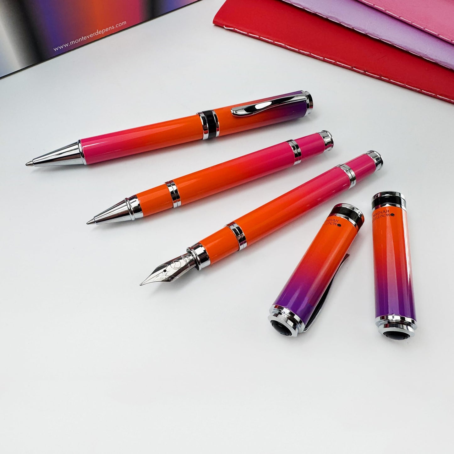Monteverde USA Innova Ombre Fusion Harmony (Purple/Orange/Pink Gradient Finish) Fountain Pen - Medium Nib, Refillable, Gift Case, Luxury Pen