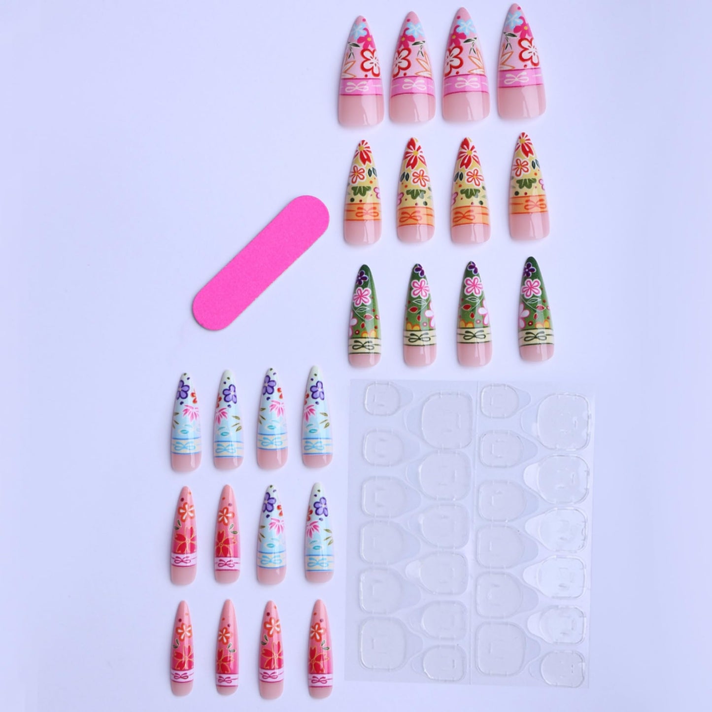 octoswave Press on Nails Long Almond Fake Nails Cute French Tip Artificial Nail Spring Flowers Pattern Stick on Nail for Women 24pcs