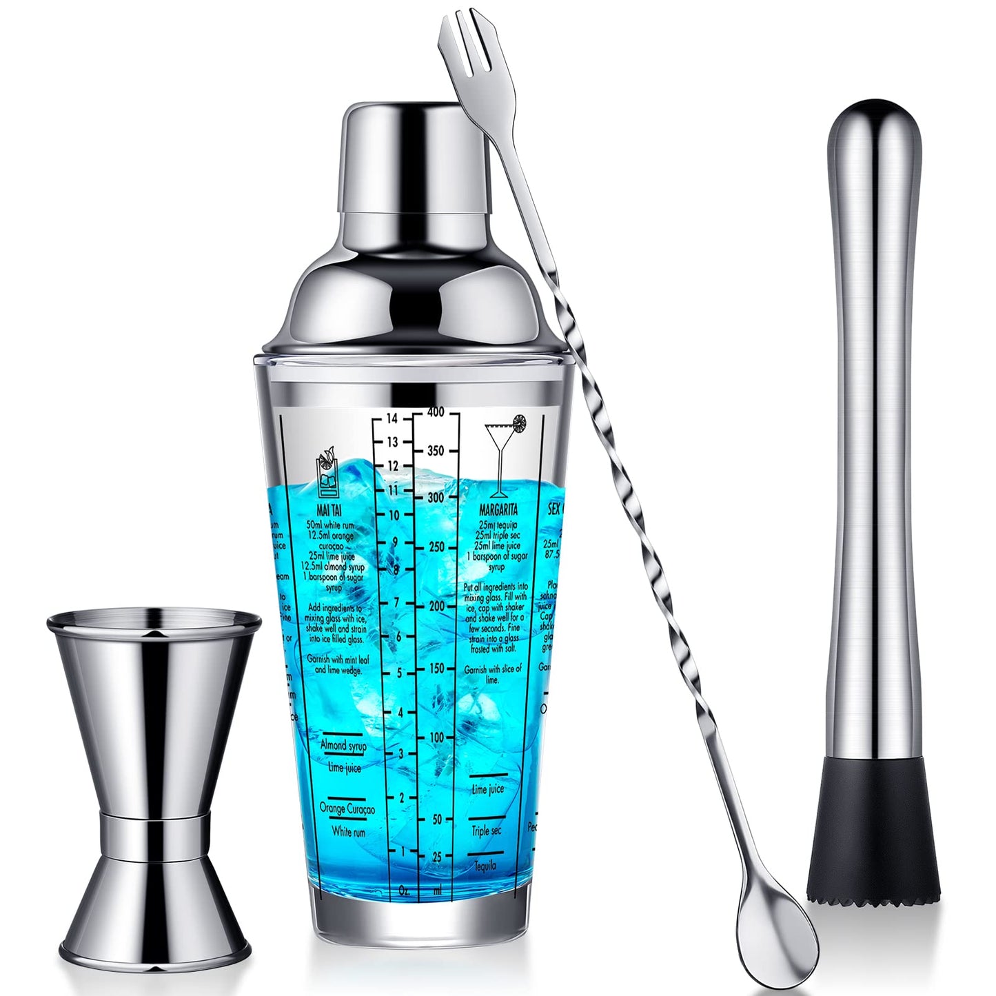 Rtteri 4 Pcs Cocktail Shaker Set 14 oz Martini Glass Shaker Cup Stainless Steel Drink Shaker Tool Margarita Bartender Kit Cocktail Mixers with Measuring Jigger Mixing Spoon for Bar