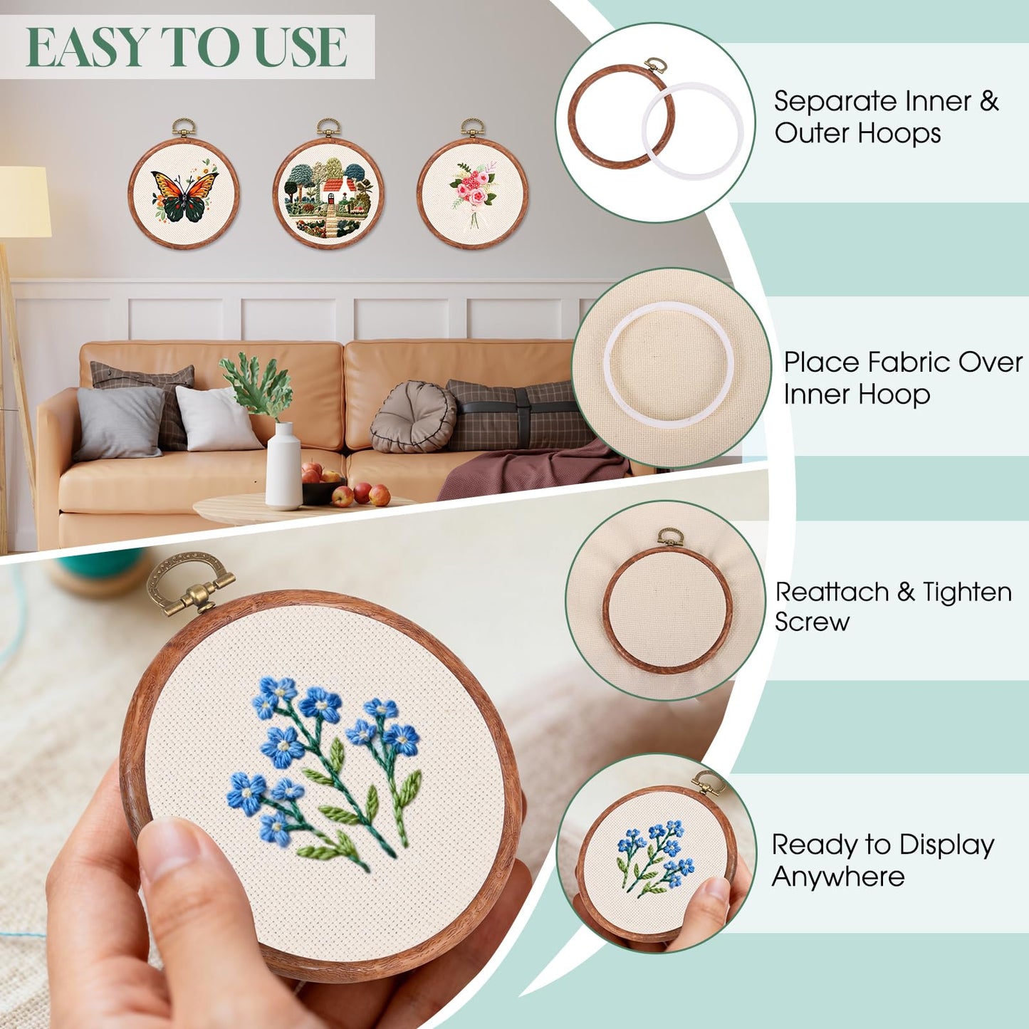 10 Pcs 4 Inch Mini Embroidery Hoops, Imitated Wood Round Frame Set for DIY Beginners, Cross Stitch Display, Handmade Gift for Christmas Home Decor