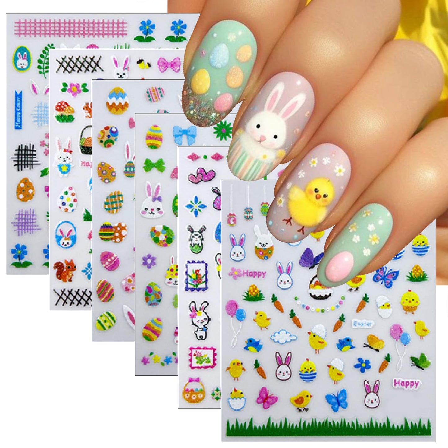 6 Sheets Glitter Easter Nail Art Stickers Easter Egg Rabbit Nail Decals 3D Self Adhesive Cute Chicken Eggs Nail Art Supplies Cartoon Bunny Carrot Nail Supplies Stickers for Women DIY Nail Decorations