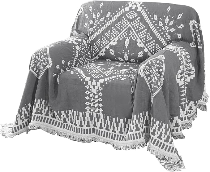 H.VERSAILTEX Reversible Sofa Cover Couch Cover for Dog Sofa Slipcover for Most Shape Sofa Furniture Protector with Tassels Sectional Couch Cover (Medium: 71" x 91", Dark Grey/White)