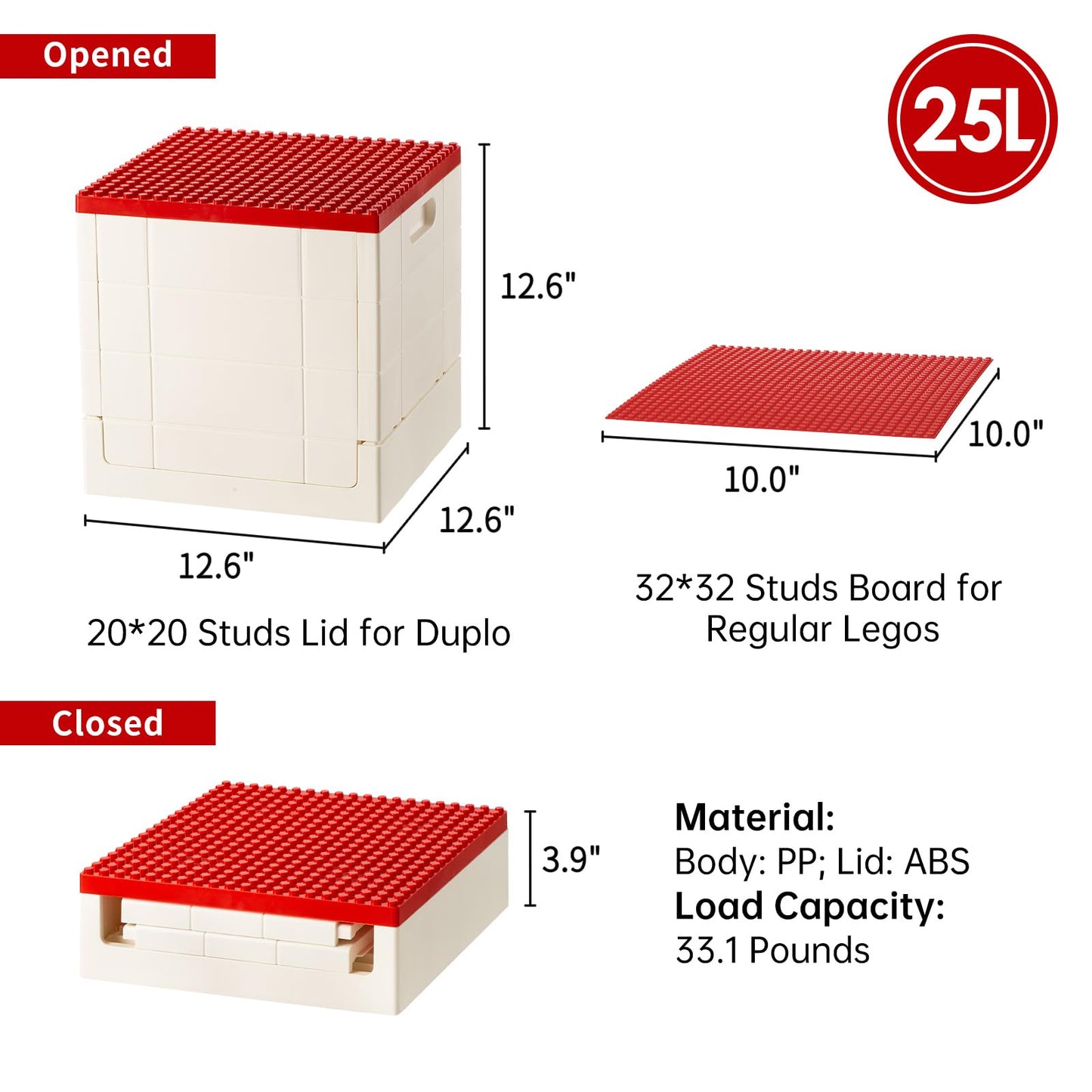 SHIMOYAMA Collapsible Storage Box with Building Baseplate Lid for Duplo Blocks, 26 Qt. Stackable Bricks Storage Bins for MEGA BLOKS, 25L Folding Utility Container for Lego Duplo Bricks, Red