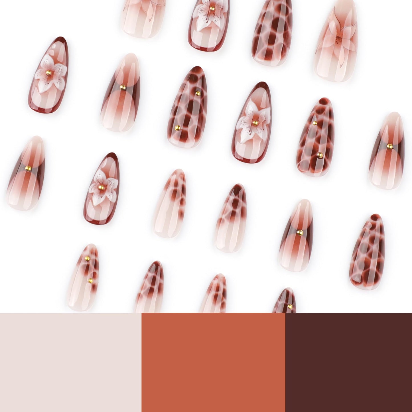 CTTHNBD Press on Nails Almond - Medium Fake Nails with Flower Pattern Design - Brown Ombre False Nails Press Ons - for Women Manicure 24 Pcs