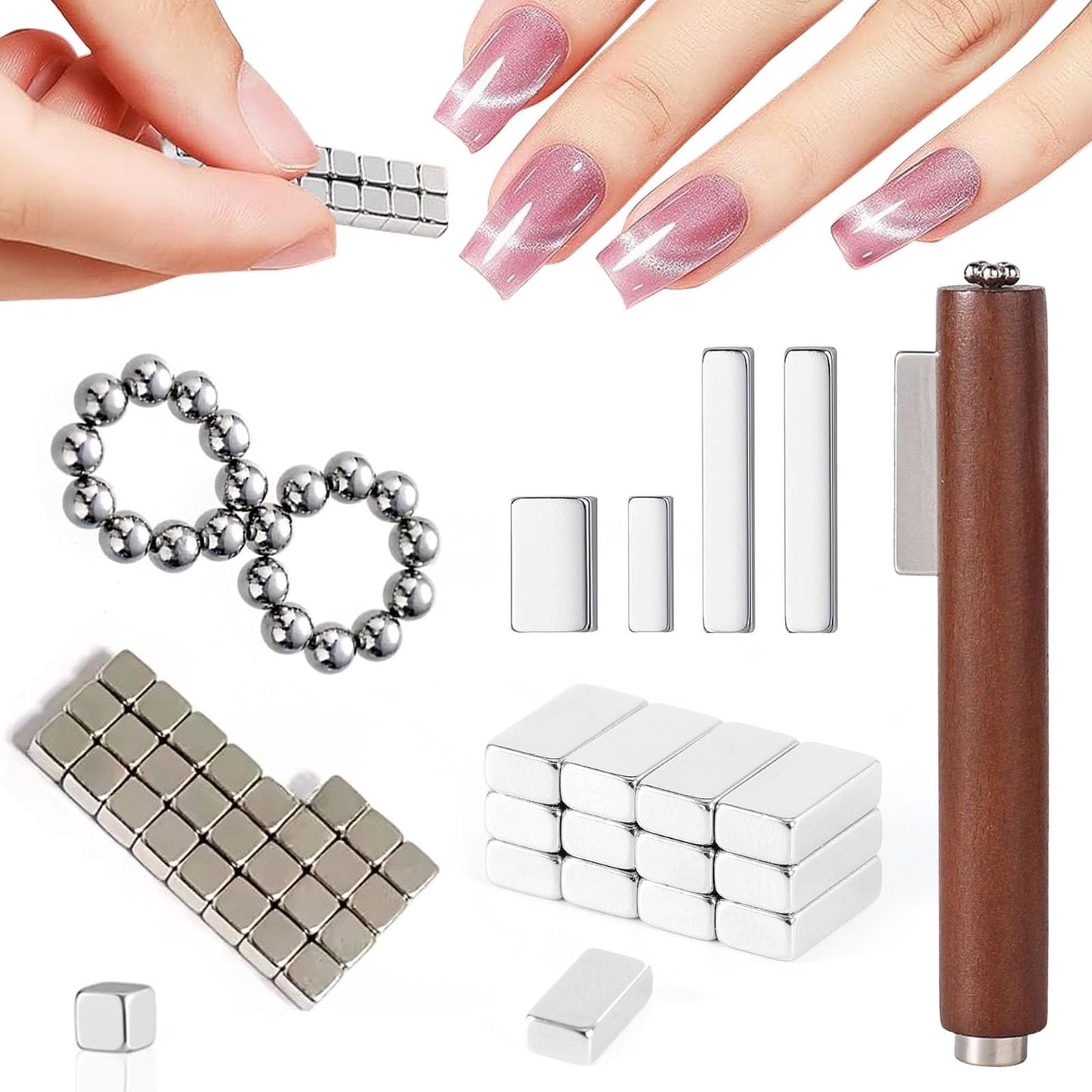 YECIRALA 64pcs Cat Eye Nail Magnet Set For Nails Magnetic Nail Polish Magnet Mini Beads Blocks 3 In 1 Cat Eye Magnet For Nails Water Wave Checkered Floral Cat eye Nail Design Tools For Nail Art
