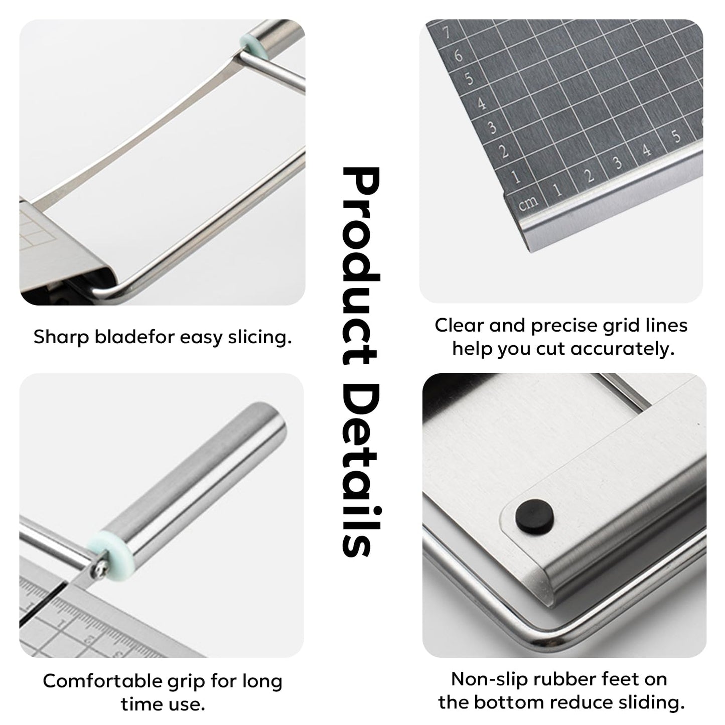Multipurpose Stainless Steel Cheese Cutter, Bread Slicers with Precision Grid Scale and Anti Slip Base for Block Cheese, Butter, Bread, Sausages, Fruits, Kitchen Gadget Cheese Cutting Board