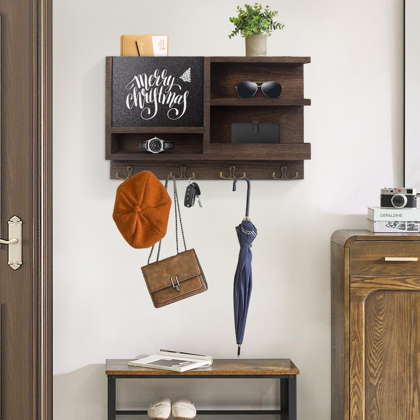 WEWEOW Key Holder for Wall, Mail Organizer Wall Mount with Key Hooks and Chalkboard & Mirror for Sunglasses Storage and Dog Leash Hanger, Decorative with 4 Double Hooks