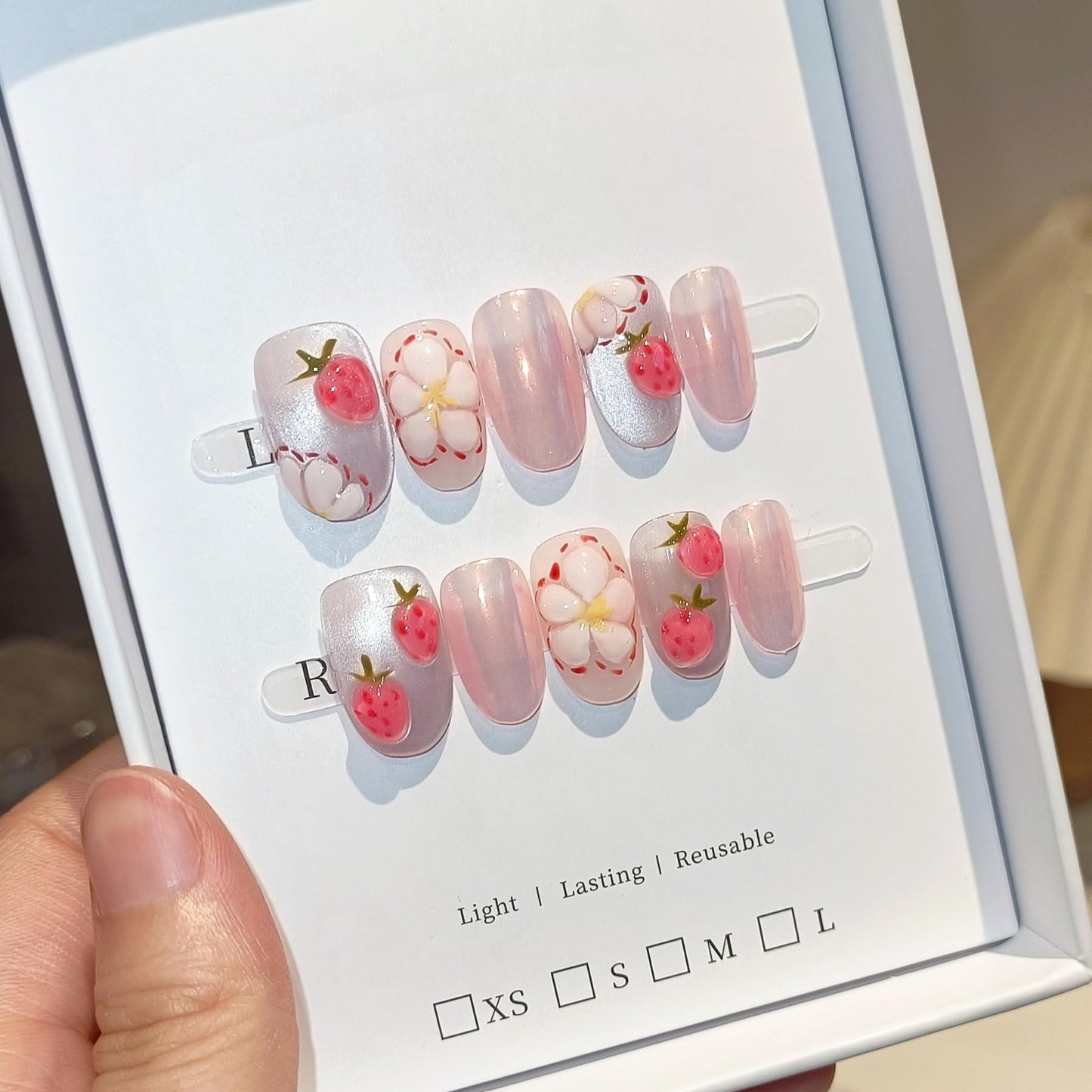 TENPAL Press on Nails 10Pcs with Tools Kit,3D Strawberry Spring Summer Pink Aurora Fake Nails,Cute Floral Almond Short Nails,Full Cover False Nails Simple Blush Glue on Nails Sweet Summer Nails(M)