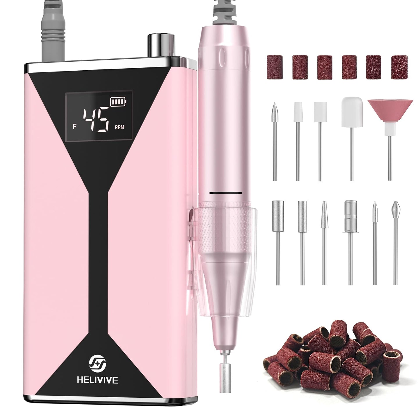 HELIVIVE Professional Electric Nail Drill 45000RPM (Portable & Rechargeable) (with 11 Drill Bits ) Cordless Nail File Machine for Shaping, Polishing & Removing Gel Nails for Salon Home (Pink)