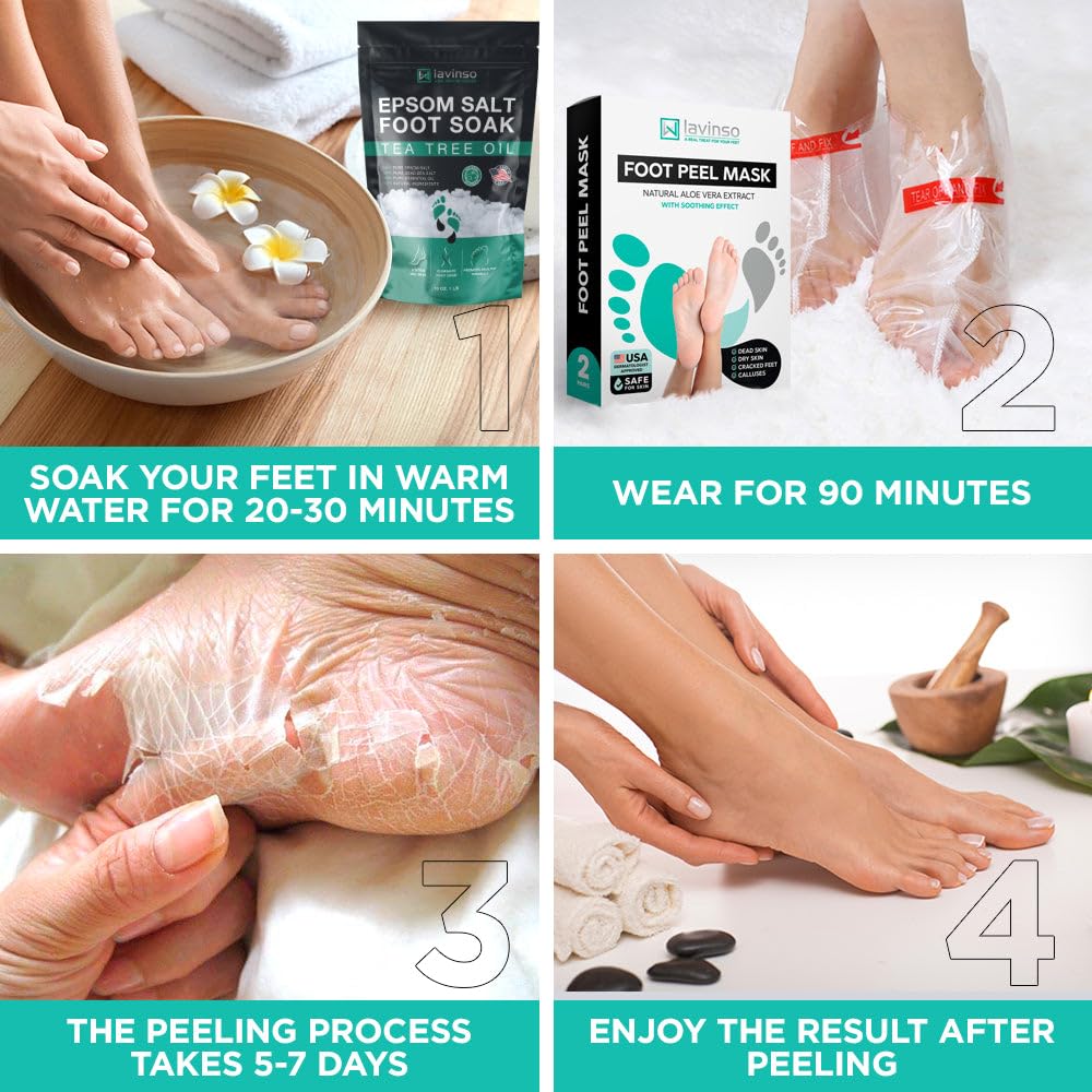 Lavinso Foot Peel Mask for Dry Cracked Feet – 4 Pack Peeling Mask Removes Dead Skin and Calluses - Exfoliating for Soft Baby Feet, Original Scent