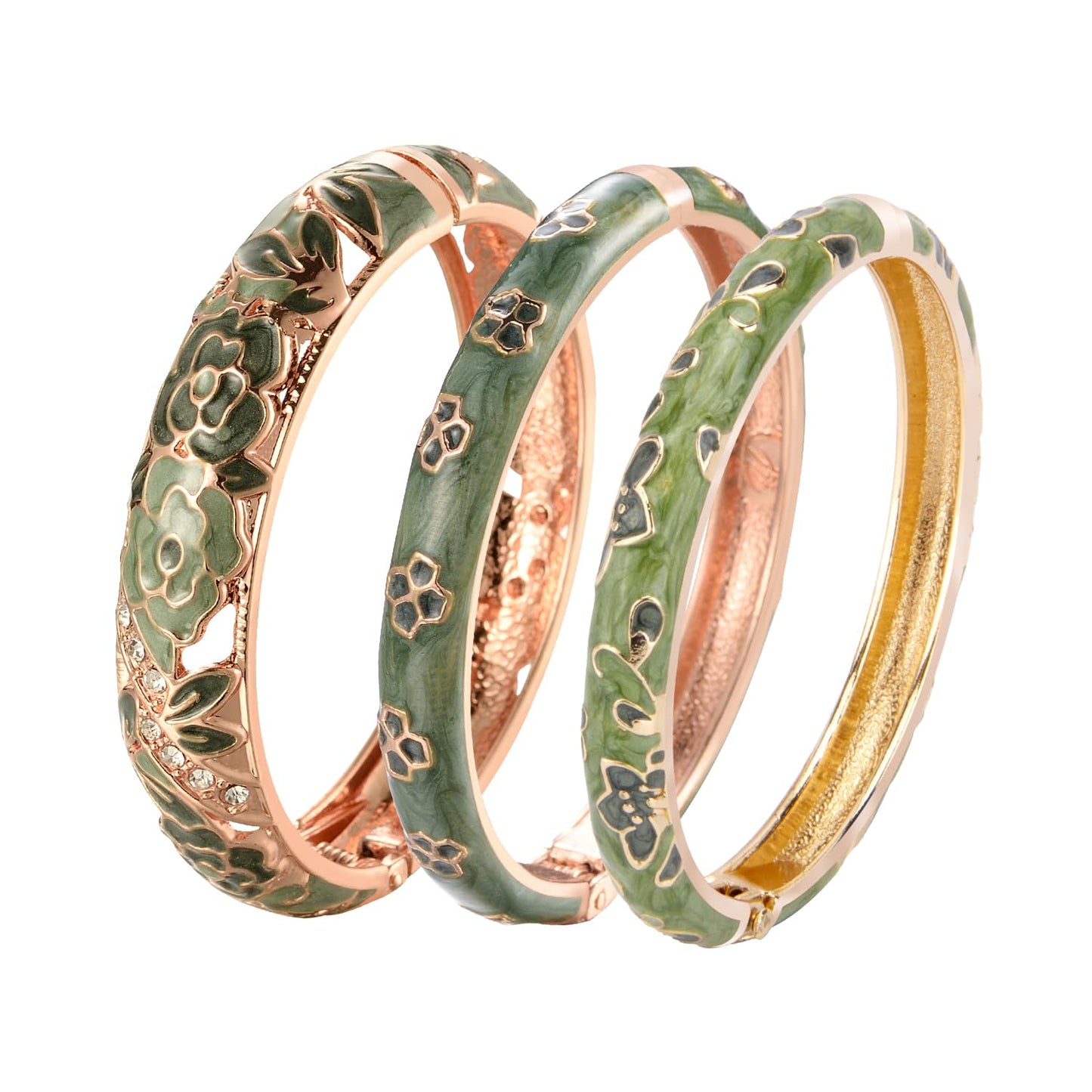 UJOY Women Cloisonne Bracelet Multi-colors Rhinestone Flower Hollowed Enameled Gold Hinged Cuff Bangles Jewelry Gift 88C06 3pcs green