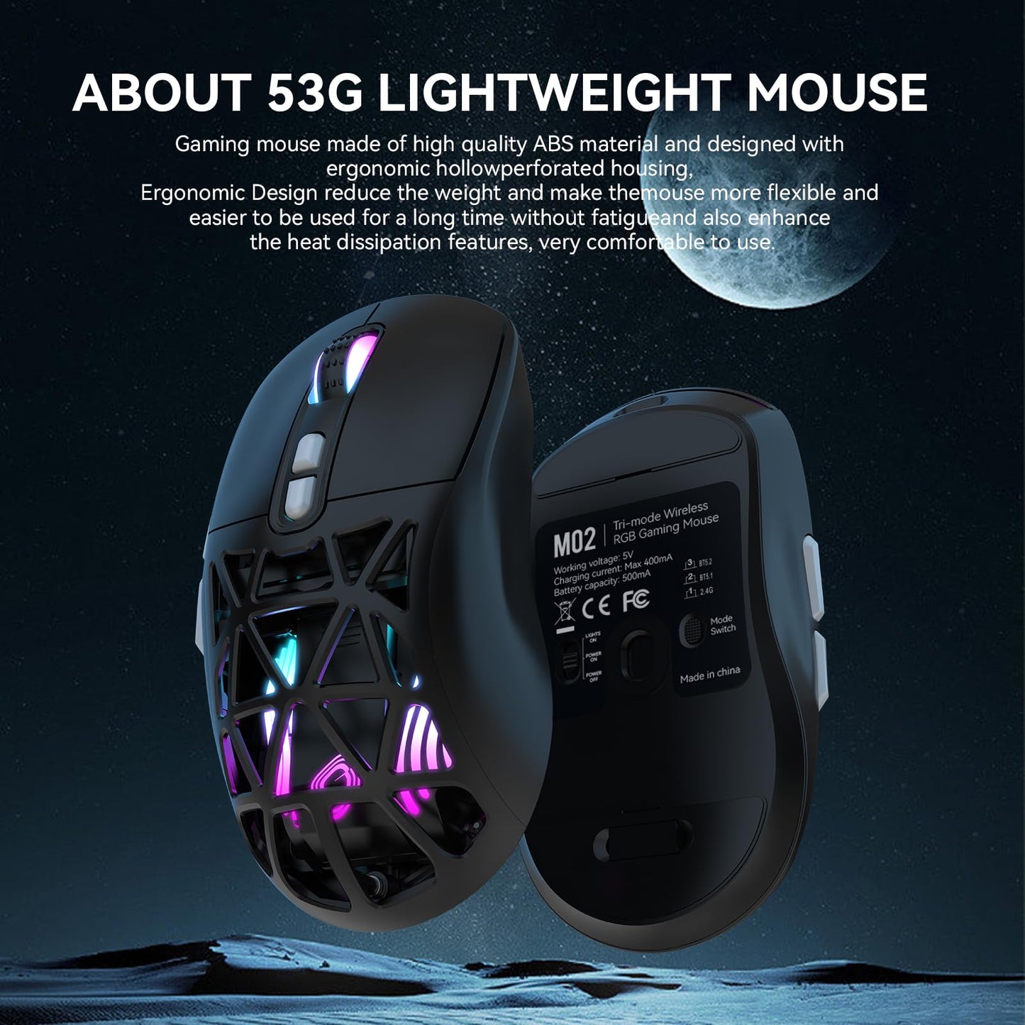 FD Wireless Gaming Mouse,Rechargeable RGB Programmable Macro Mouse,10000 DPI,Tri-Mode 2.4GHz/BT 5.0 with Wired,3.7V 500mAh Built-in Battery for Laptop Desktop PC MacBook Chromebook - Black