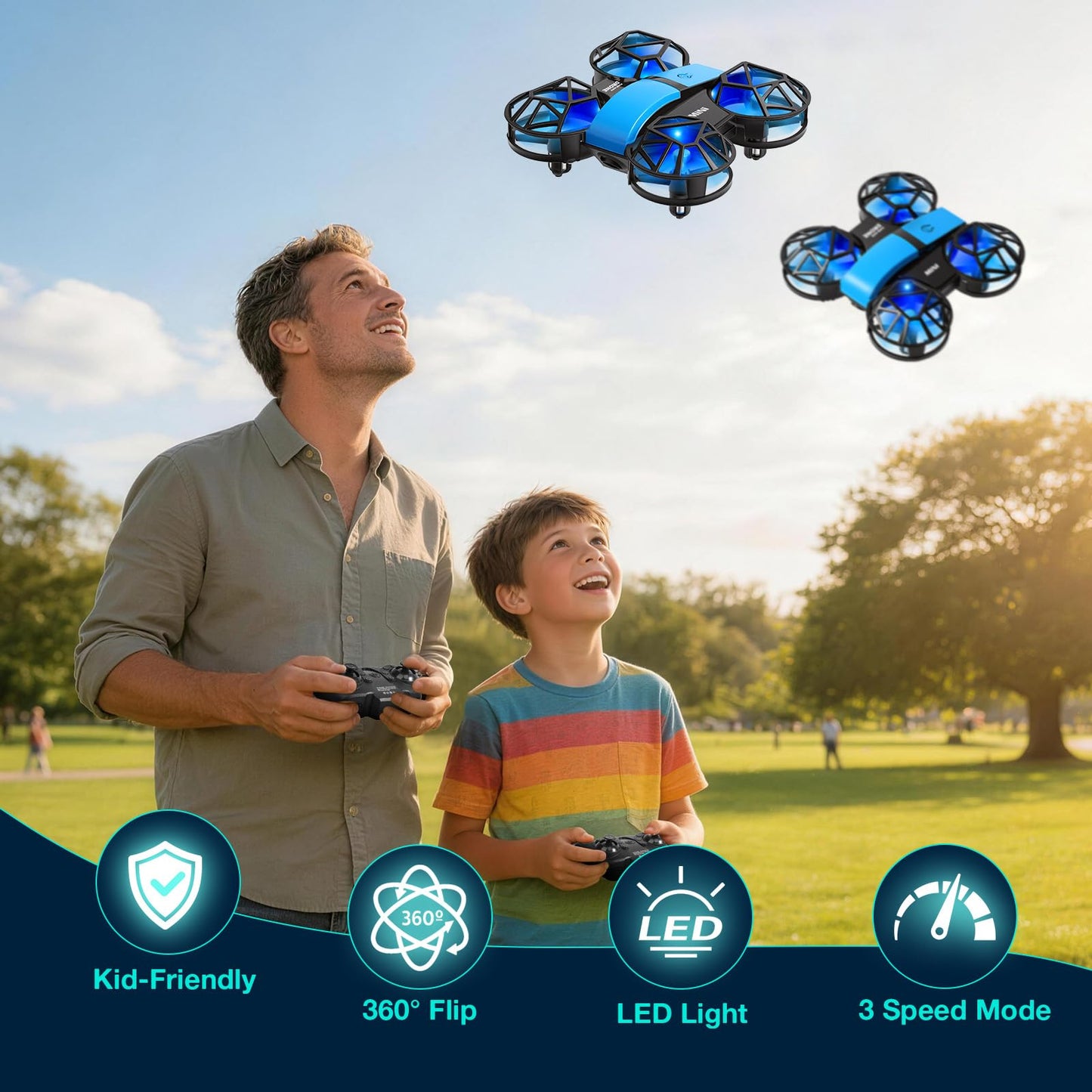 Blue Mini Drone for Kids & Beginners, Indoor & Outdoor RC Quadcopter, Full Propeller Guards, LED Light, 3D Flips, One Key Start, Headless Mode, 2 Rechargeable Batteries, 21 Mins Total Flight Time, Toy Gift for Boys and Girls