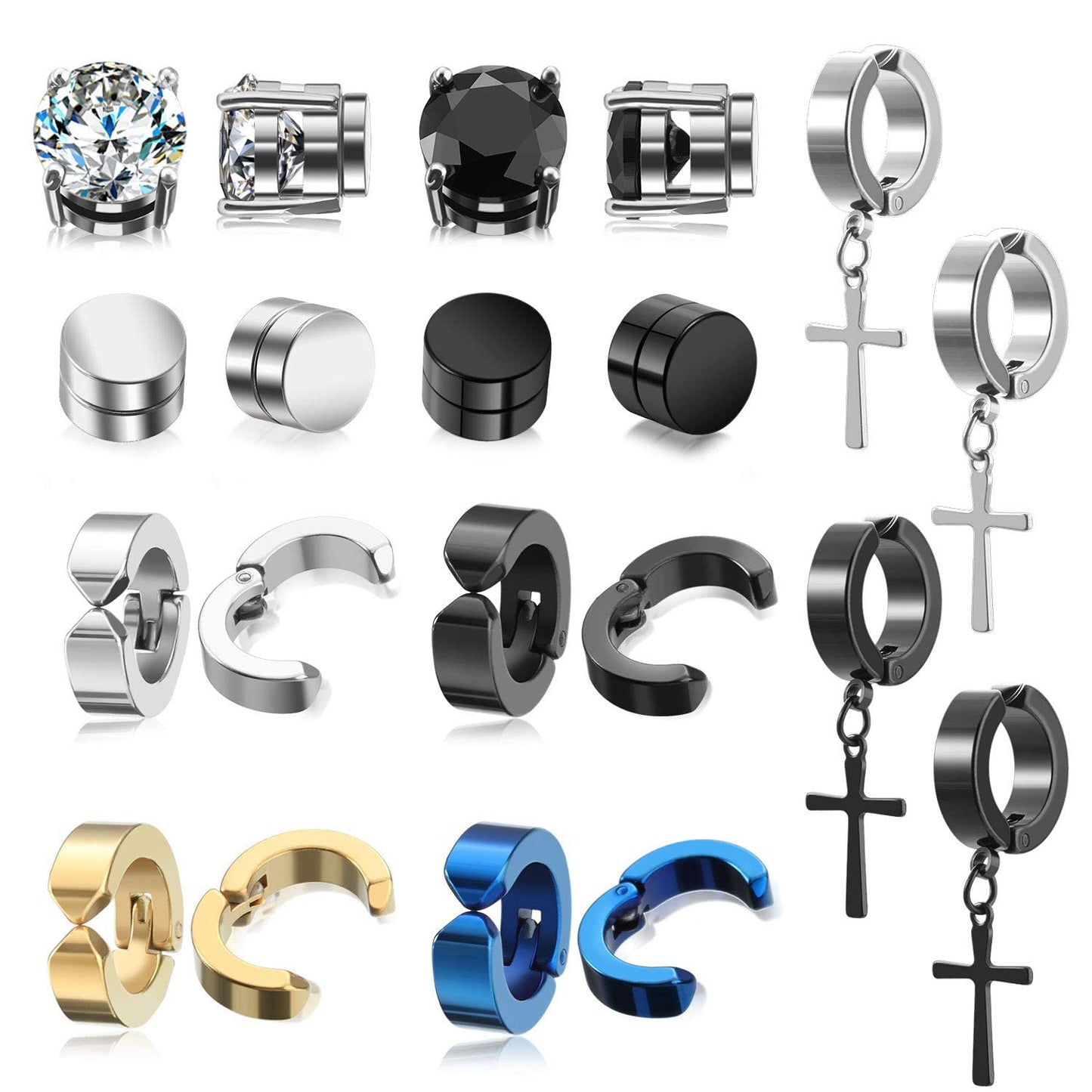 LEBOCADO Stud Earrings Set for Men Women, Non-Piercing Cross Dangle Hoop Earrings Unisex, Stainless Steel Magnetic Earrings Clip on Earring Set (10 Pairs)