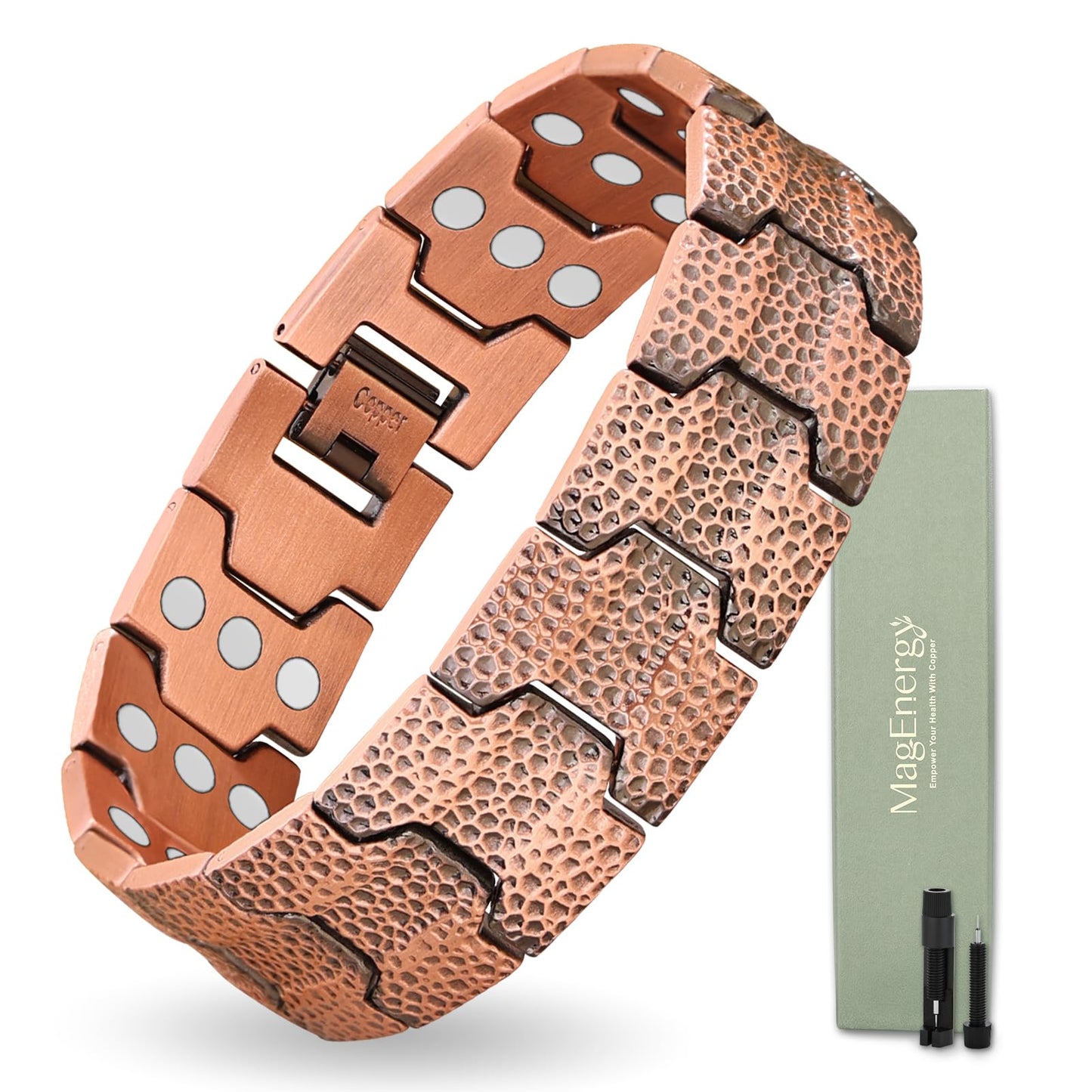 MagEnergy Copper Bracelet for Men, 3X Strength Magnetic Bracelet with 3800 Gauss Magnets, Hammered Design&Patent Pending, Adjustable Length with Sizing Tool