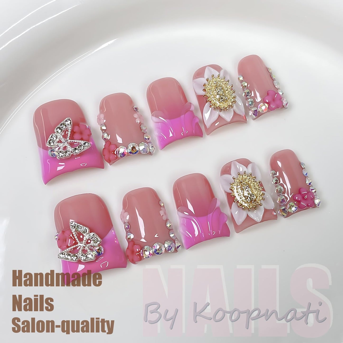 Handmade Press on Nails Short Duck Pink French Tip with 3D Design Fake Nail Art for Women S