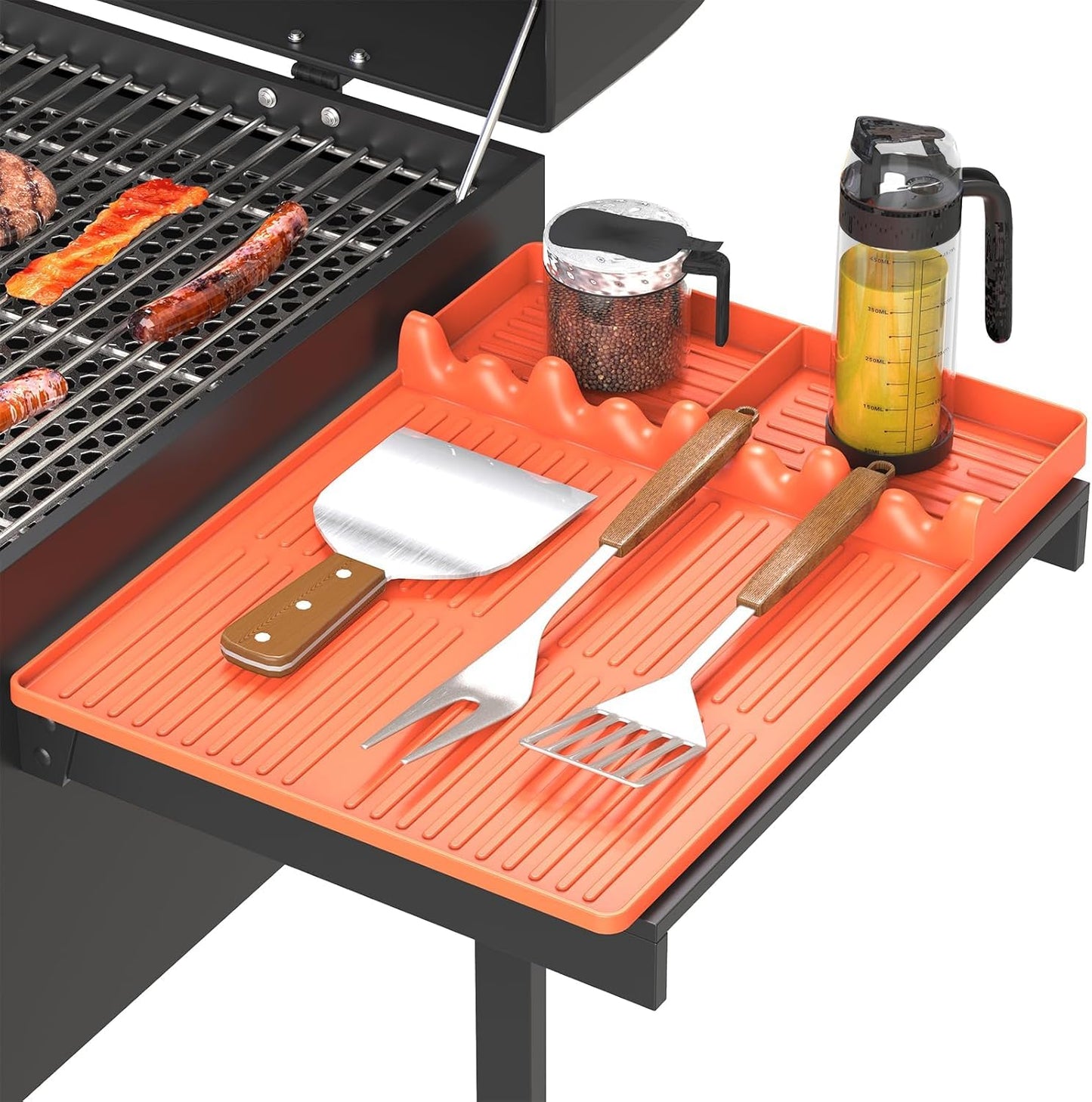 Silicone Griddle Tool Mat Compatible with Blackstone Weber - Flat Top Grill Pellet Smoker Side Shelf Spatula Mat with Drip Pad - Kitchen Cooking BBQ Grilling Accessories - Gift for Men(Orange)
