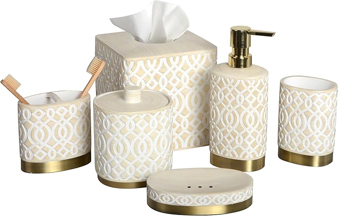 6-Piece Bathroom Accessories Set – Soap Dispenser, Toothbrush Holder, Tumbler, Soap Dish, Cotton Swab Jar & Toilet Brush – Modern Bathroom Decor Set (Solana)