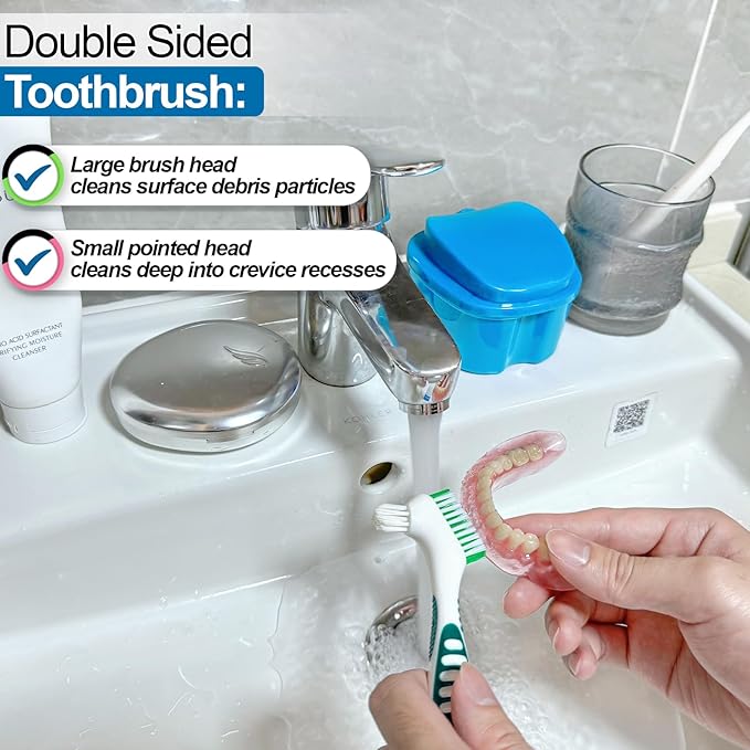Denture Cups for Soaking Dentures, Partial Denture Holder Case Retainer Mouthguard Cleaning Box Case with 2 Small Brushes - Blue and Dark Blue