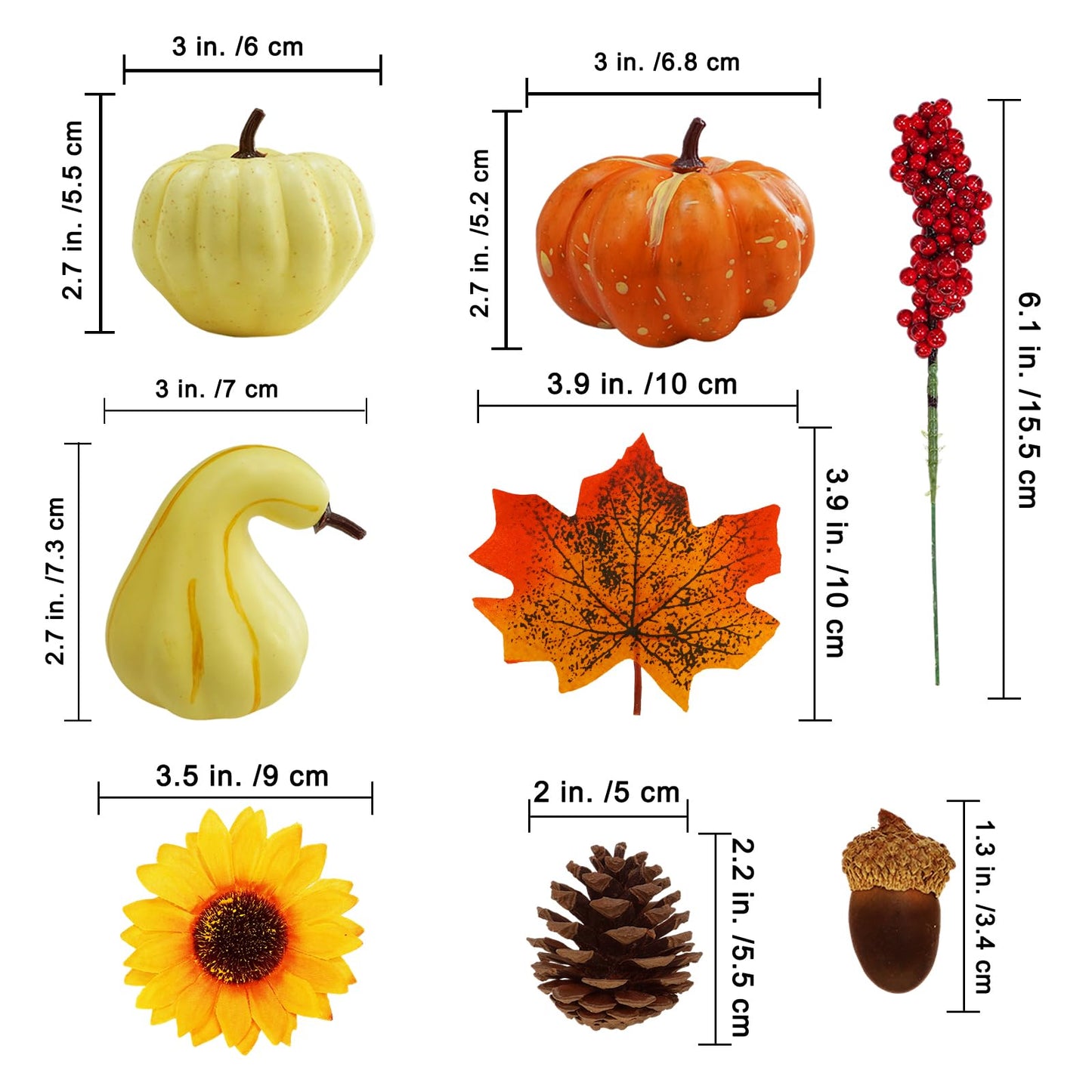 Winlyn 60 Pcs Assorted Small Artificial Pumpkins and Gourds with Acorns Pinecones Maple Leaves Sunflowers Fall Harvest Decoration Set for Thanksgiving Halloween Bowl Filler Table Centerpiece Wreaths