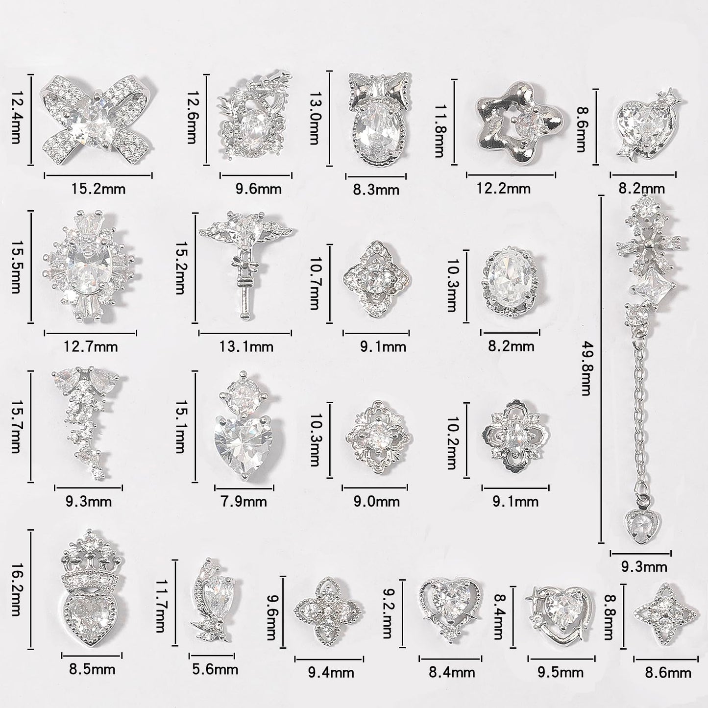 HNUIX Nail Charms and Gems - Silver Copper Zircon, Multiple Shapes 3D Dangle, Metal Luxury Jewelry Rhinestones for Nails 20 Pieces