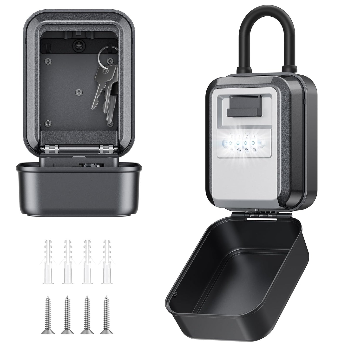 TOSICAM Light Up Key Lock Box - Waterproof Wall Mount Portable 4-Digit Combination Key Safe Storage for Outdoor/Home/Airbnb/Emergency/Realtor/Large Capacity/Resettable Code