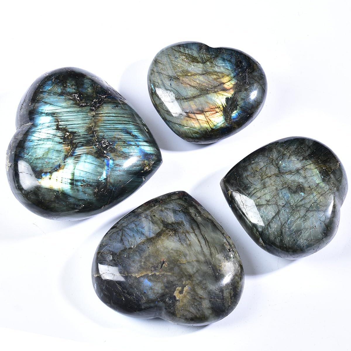 MOGEMT 80-90mm Labradorite Heart Crystal Large Palm Worry Stone Natural Reiki Healing Crystal Gemstone Gift 1 Pc