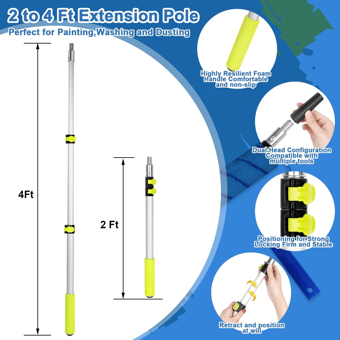 Rhibak Paint Roller Kit with Extension Pole, 27 Piece Set, 2 to 4 Ft Pole, 4"9" Paint Rollers, Paint Brushes Set for Professional Painting,House Paint Roller for All Latex and Oil Paints & Stains