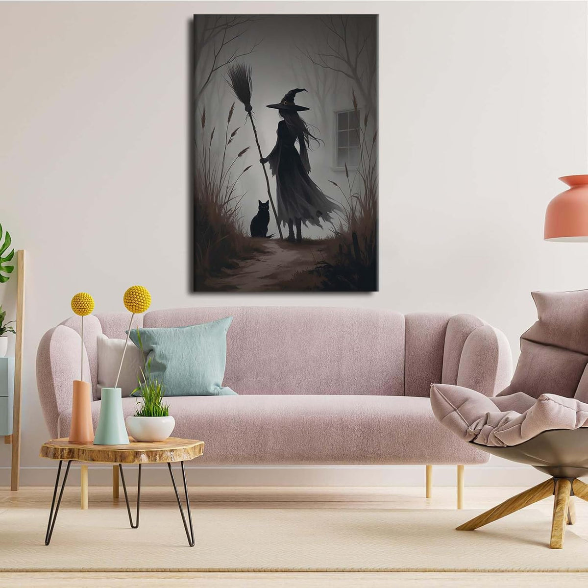 JFHCQJPK Vintage forest witch and black cat poster Halloween mural poster decoration mural art magic suitable for home living room bedroom24x36in Frameless