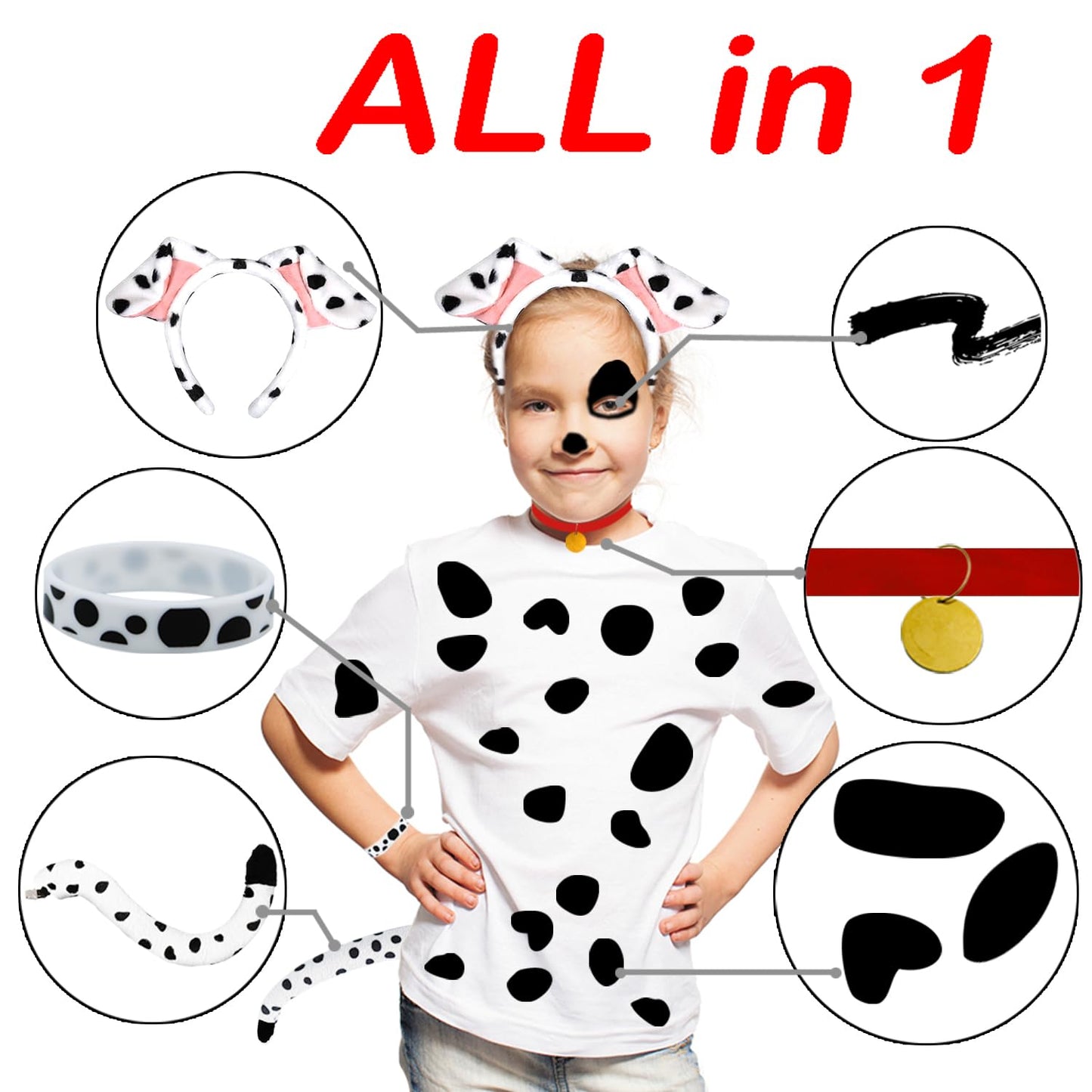 Ahuimeius 2 Set Dalmatian Dog costume Ear Headband, Bow Tie, Tail set, Silicone bracelet,Collar and 144 Pieces Black Adhesive Felt for Halloween DIY Projects Costume
