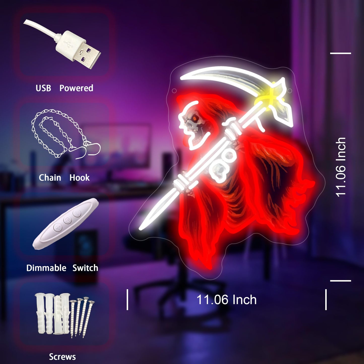 Skull of the Reaper LED Neon Sign USB Powered for Wall Decor, Horror Neon Night Light Sign Dimmable for Room Party Decor Halloween Birthday Gifts