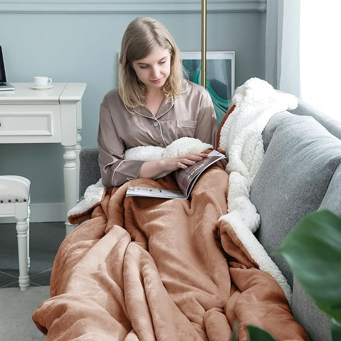 IR Imperial Rooms Camel Sherpa Fleece Throw Blanket for Bed - Wholesale Bulk Pack of 16 Sherpa Blankets - Soft Fluffy Throw Blankets for Hotels, Guest Bedroom, 50x60 Inches