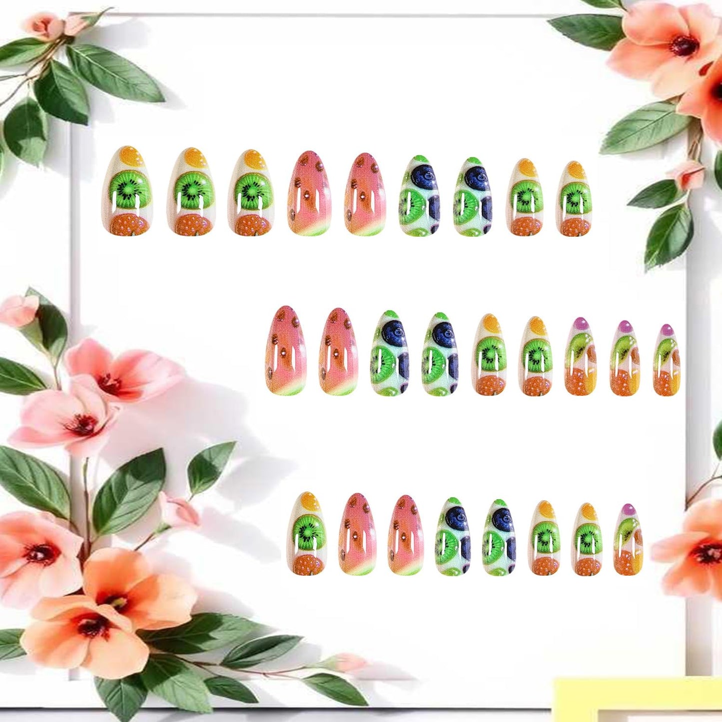 Fruit Press on Nails Medium Almond Shaped Watermelon Strawberry and Kiwi Blueberry Pattern Design Summer Acrylic Fake Nail Full Cover Glossy Artificial Fingernails Handmade Glue on Nails for Women