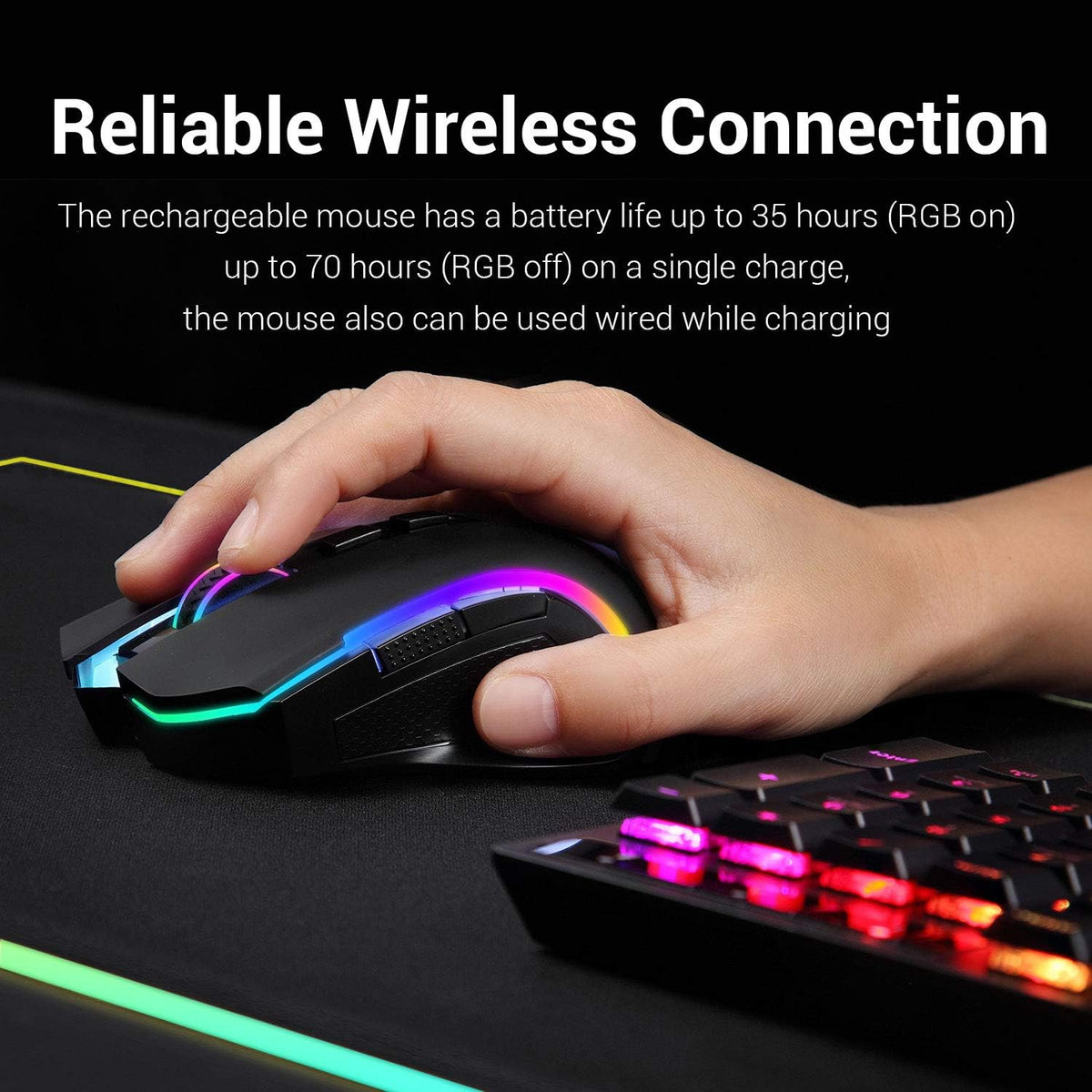 Redragon M602 Griffin RGB Gaming Mouse, RGB Spectrum Backlit Ergonomic Mouse with 7 Programmable Backlight Modes up to 7200 DPI for Windows PC Gamers (Black, Wireless)