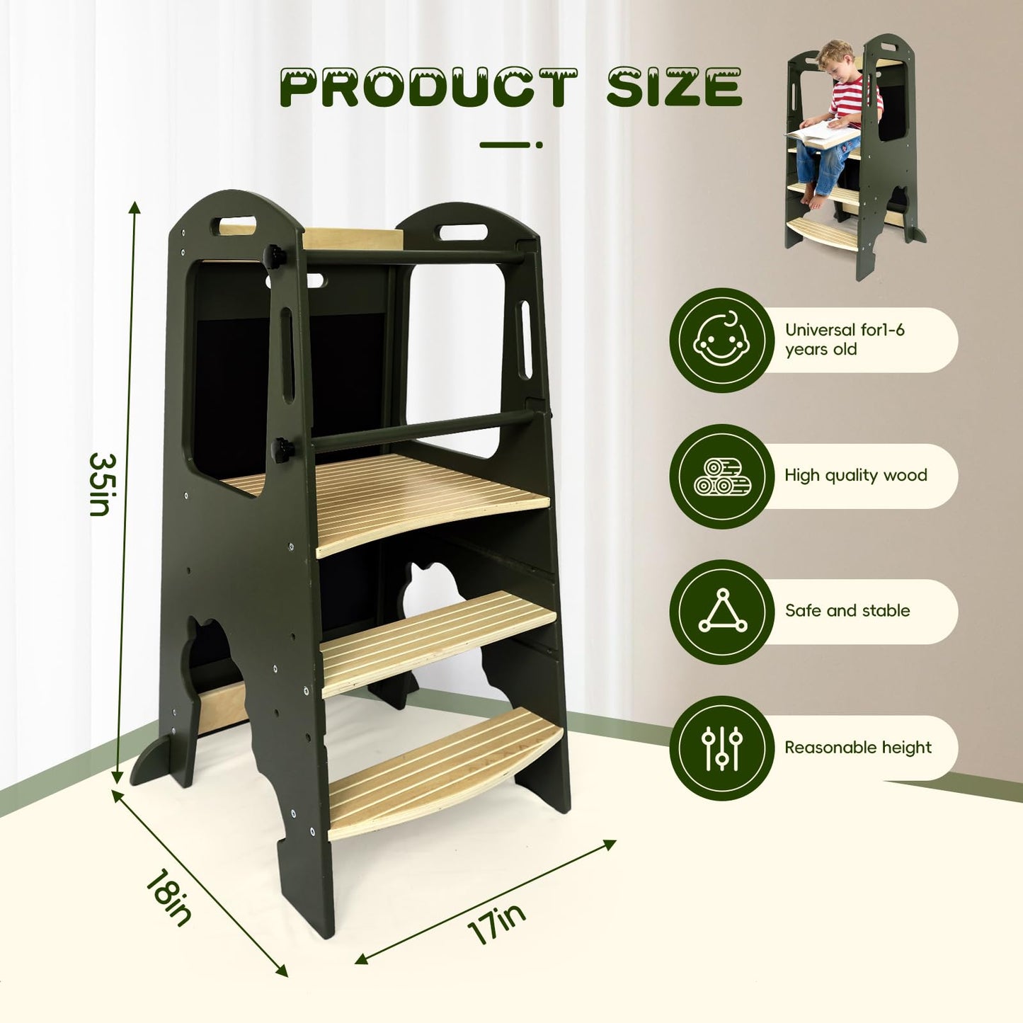 Toddler Kitchen Step Stool,Kids Standing Tower, Removable Anti-Drop Railing Safety Rail,A Anti-tip Structure More Stable, Natural Wooden