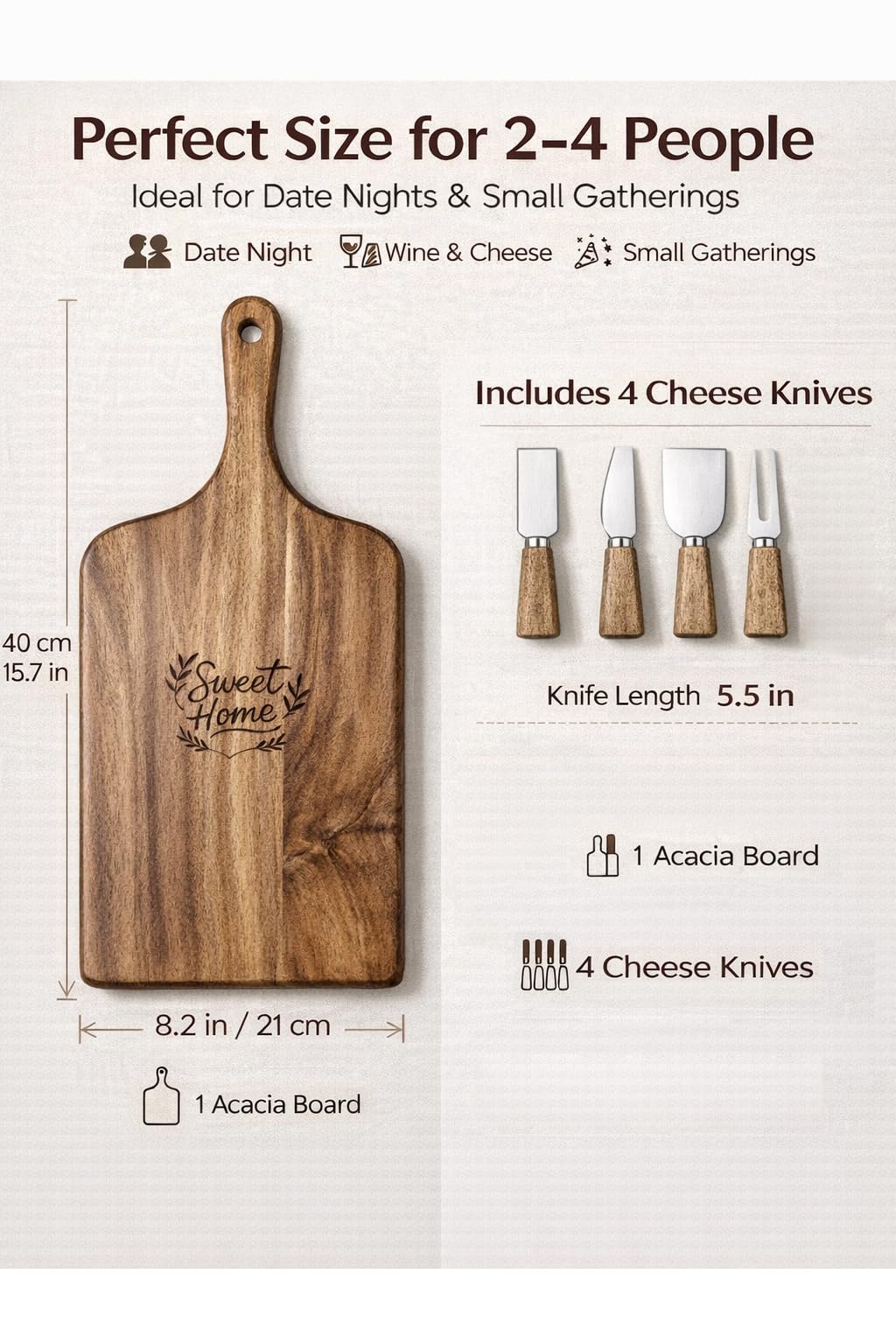 GleeNflux Charcuterie Board Set, 5-Piece Acacia Wood Cheese Board with 4 Cheese Knives, “Sweet Home” Engraved, Gift-Ready for Couples, Housewarming & Wedding