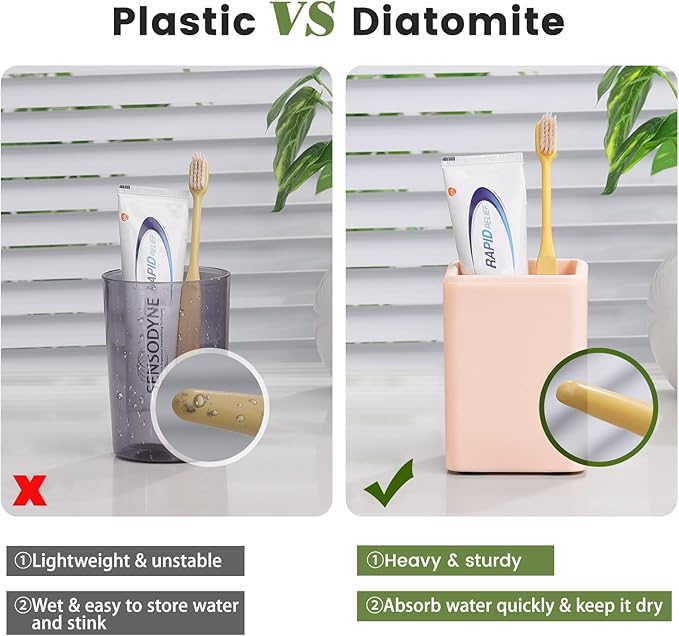 Luxspire Toothbrush Holders, 2 PCS Diatomite Toothbrush Cups, Fast Drying Toothbrush Holders for Bathroom, Toothpaste Holder for Bathroom Countertop, Pink