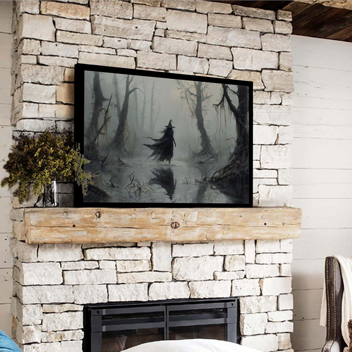 JFHCQJPK Vintage rustic swamp witch poster dark moody wall art gothic horror season halloween print for home decor retro dark moody painting24x36in Metal blackFramed
